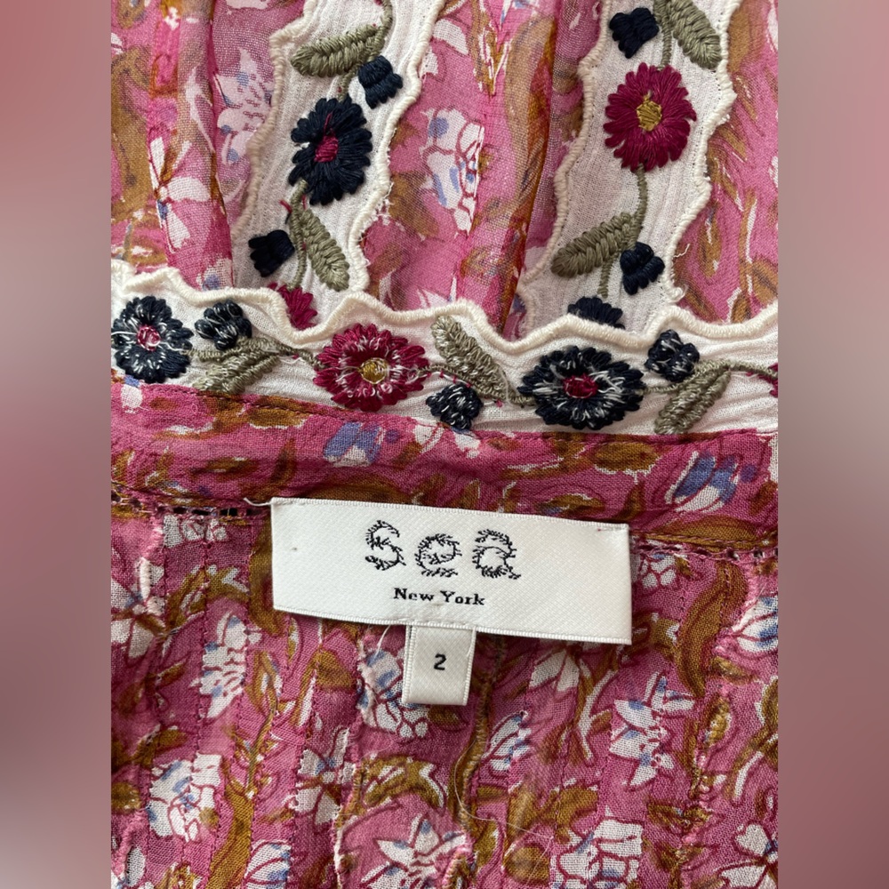 SEA New York pink chiffon shirt with mock neck and embroidered edges Small 2/4 - Picture 2 of 5
